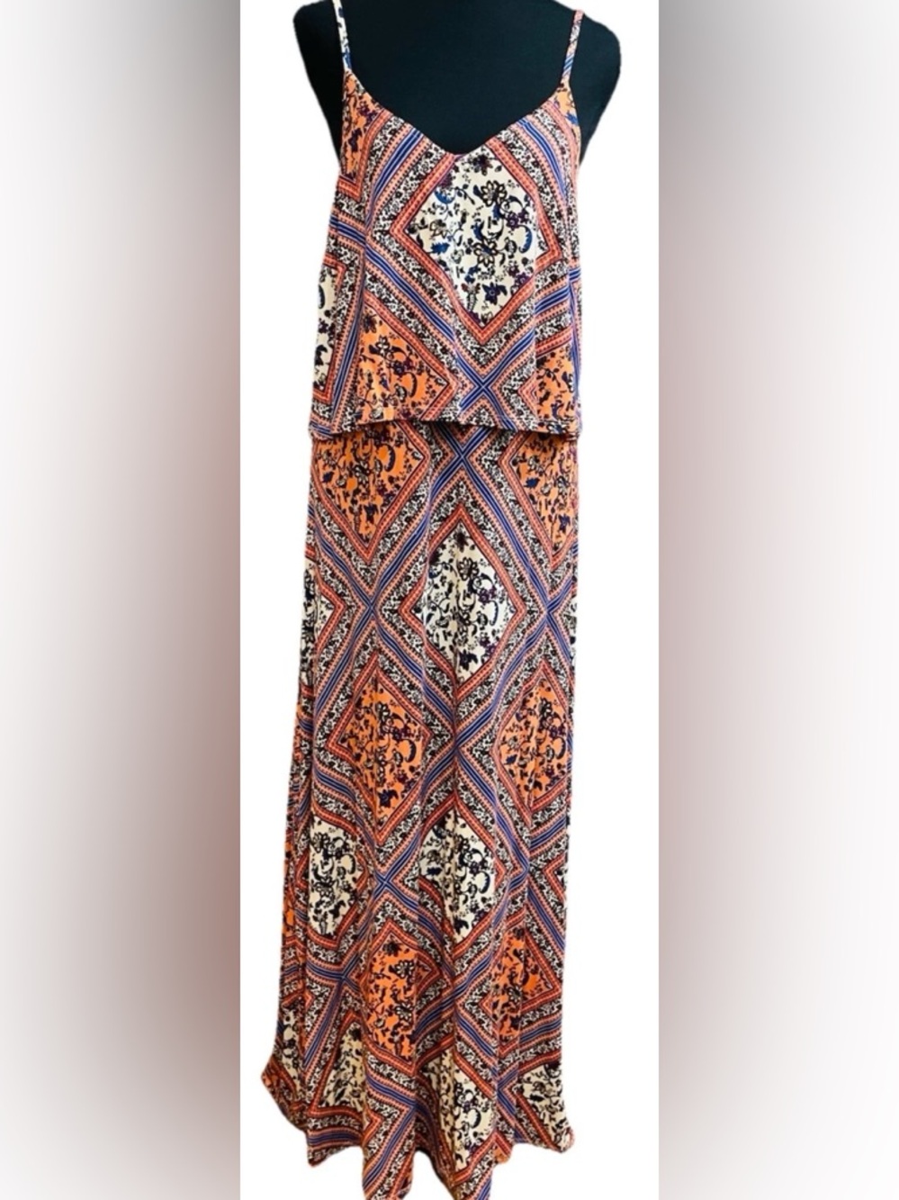 Chelsea & Theodore Boho Scarf Print Maxi Dress Peplum Overlay Orange Blue L